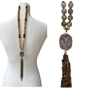 Lucky Star Jewels Signed Sparkly Natural Stone Round Bead Chain Tassel Necklace